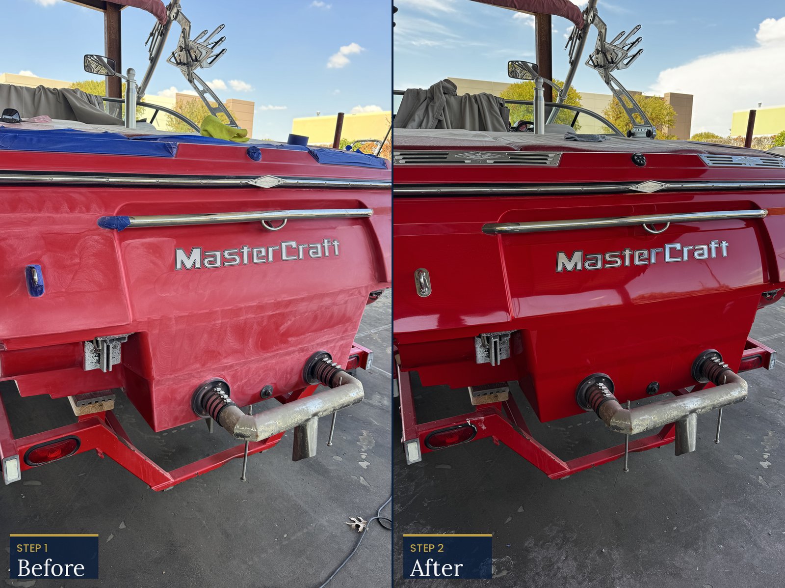 MasterCraft transom — before / after detail and polish by Deluxe Shield